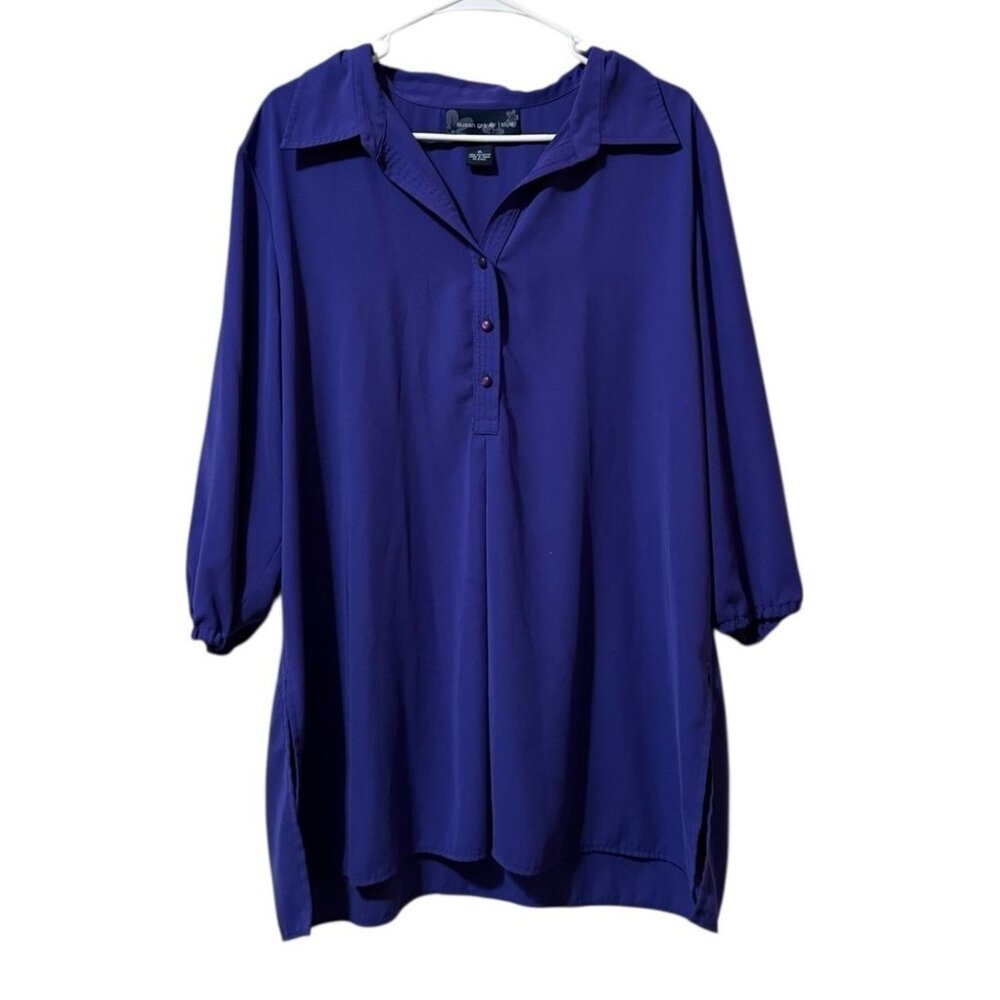 Susan Graver Style Women Size XL Blouse Purple V Neck Buttons Polyester Colorful